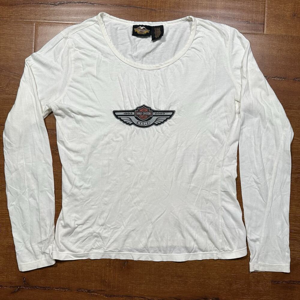 Vintage Harley Davidson Oversized T Shirt Womens M White Long Sleeve Y2K USA VTG